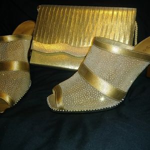 NEW gold heels & clutch